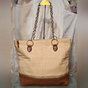 The Sak Chain Strap Cream and Brown Canvas Tote Bag 15x13x11" Drop